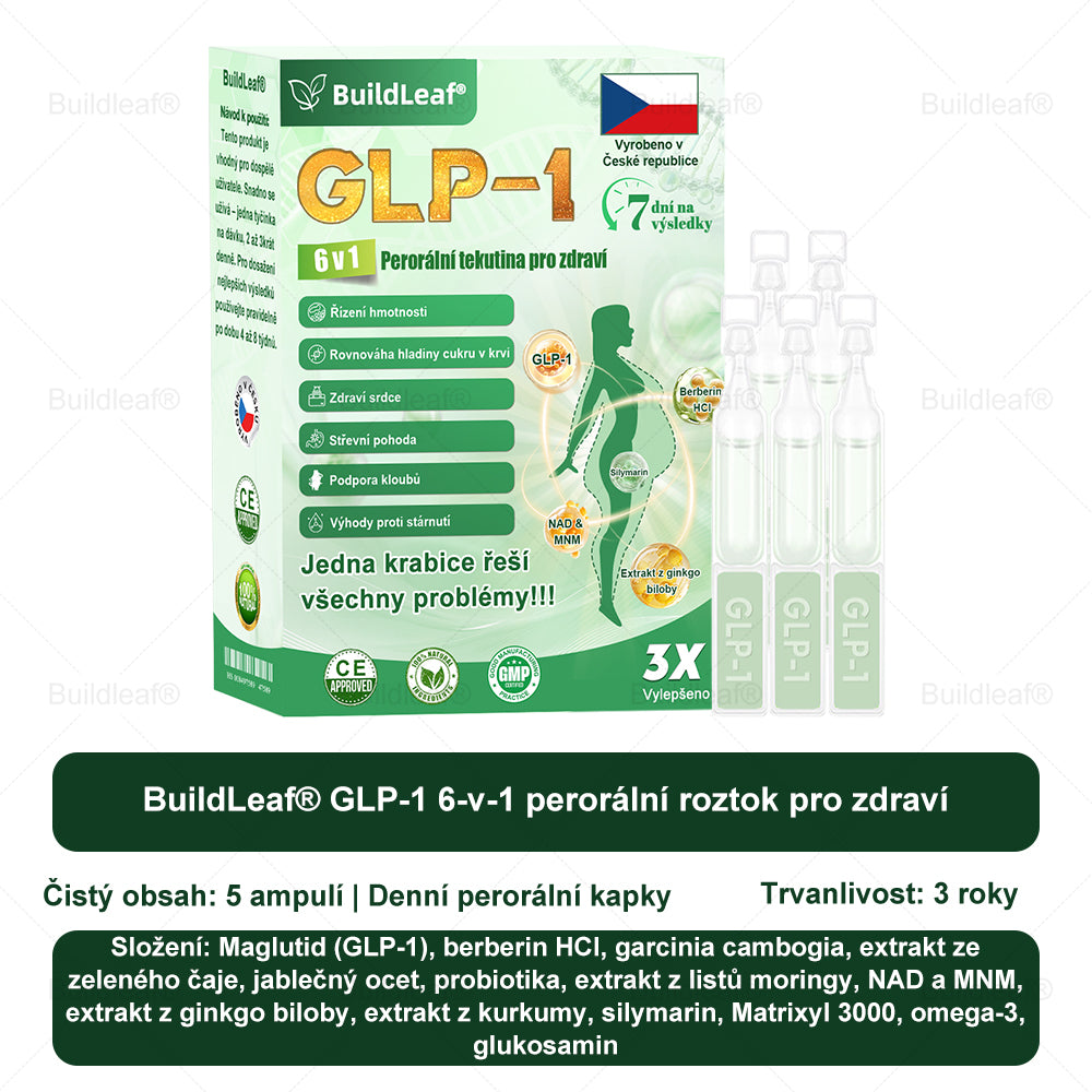BuildLeaf® GLP-1 6-v-1 Health Solution Perorální tekutina (🧬Pouze jednou denně, viditelné změny za 7 dní) ✅ Pro obezitu, kardiovaskulární onemocnění, cukrovku, spánkovou apnoe, zdraví střev, problémy s klouby a další